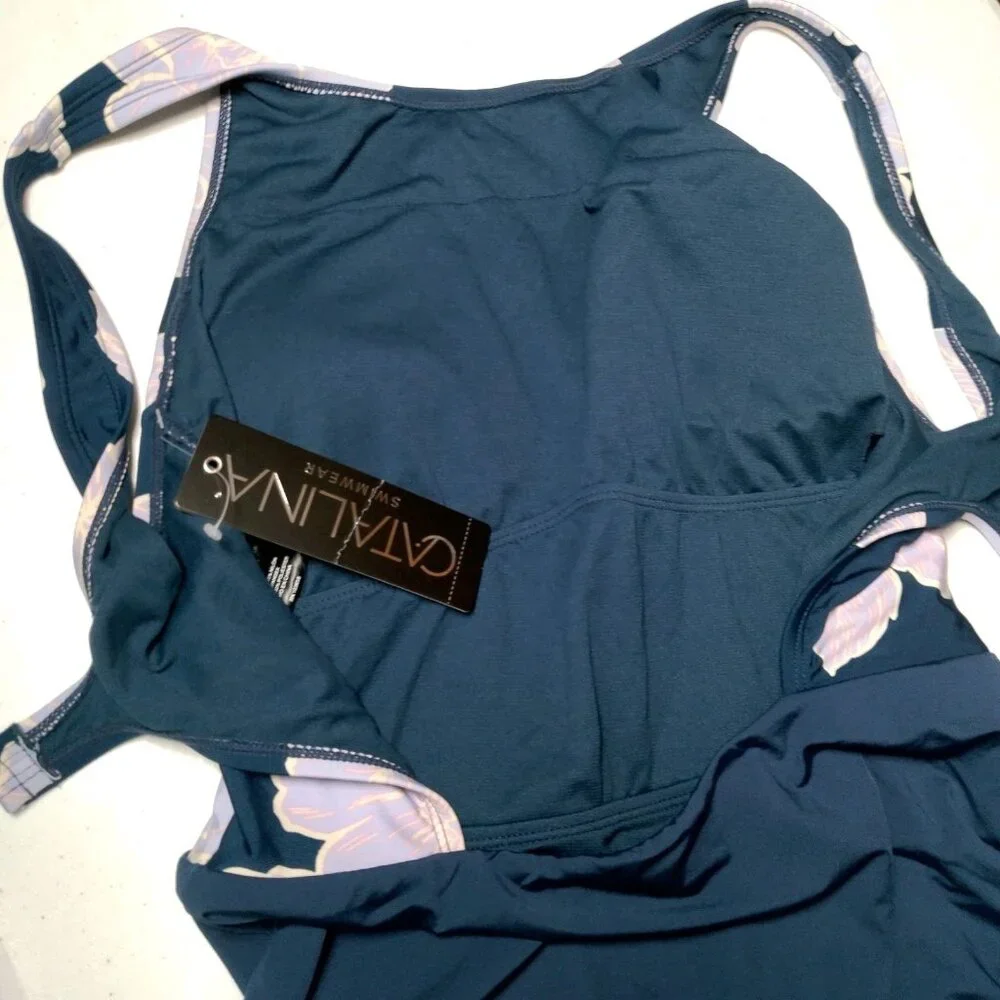Catalina Swimwear Bathing Suit One Piece Medium Blue Purple Floral Tank Swim - Picture 5 of 16